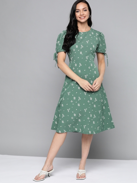 

Mast & Harbour Green & White Floral Print A-Line Dress with Puff Sleeves