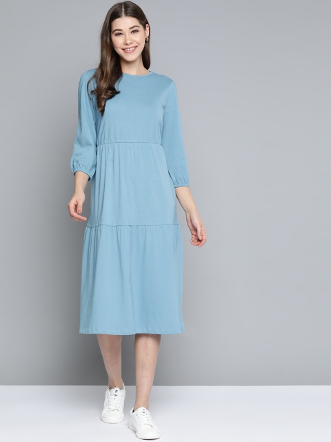 

Mast & Harbour Women Blue Pure Cotton A-Line Tiered Midi Dress