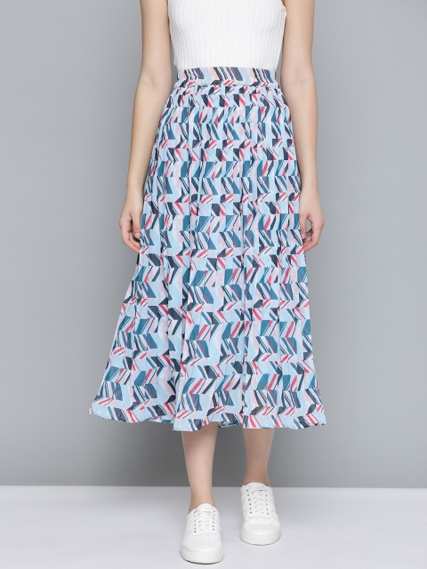 

Mast & Harbour Women Blue & Pink Geometric Print Accordion Pleat Midi Flared Skirt