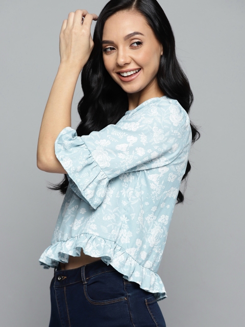 

Mast & Harbour Blue & Off White Floral Print Regular Top