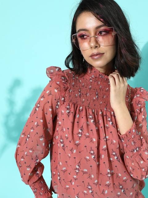 

Mast & Harbour Peach-Coloured Printed Bishop Sleeves Ruffles Blouson Top