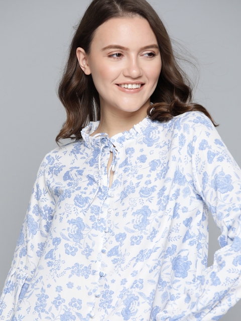 

Mast & Harbour Women White & Blue Floral Tie-Up Neck Ruffled Regular Top