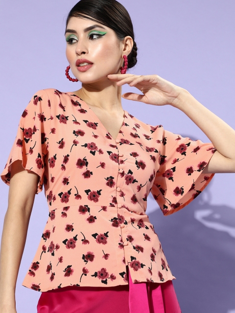 

Mast & Harbour Women Peach-Coloured Floral Peplum Top