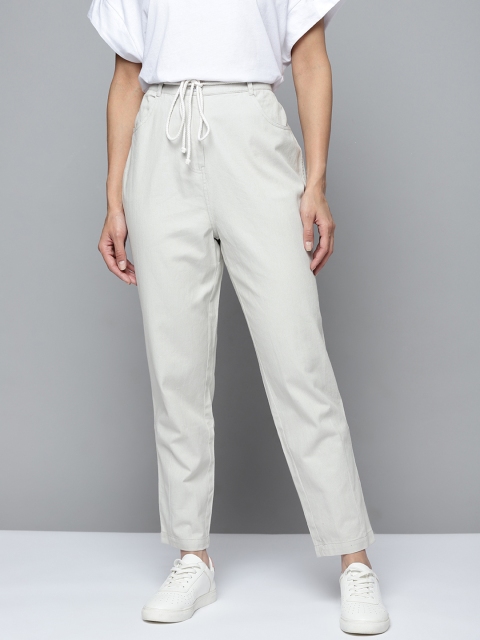 

Mast & Harbour Women Light Grey Pure Cotton Solid Trousers with Belt