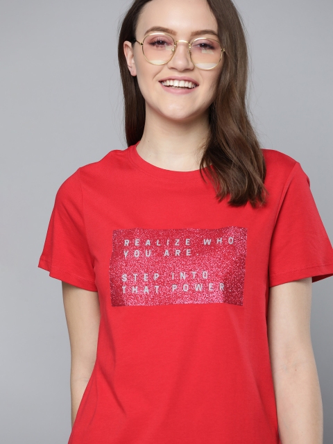 

Mast & Harbour Women Red & Pink Printed Pure Cotton T-shirt With Embellish Detail