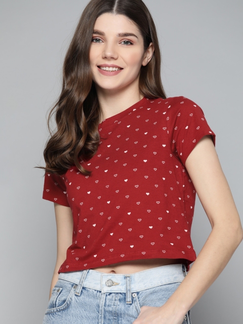 

Mast & Harbour Women Maroon & White Printed Pure Cotton T-shirt