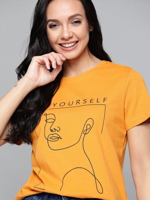 

Mast & Harbour Women Mustard Yellow Pure Cotton Printed T-shirt