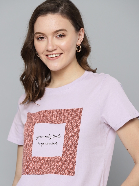 

Mast & Harbour Women Lavender & Brown Typography Print Pure Cotton T-shirt