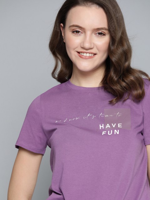 

Mast & Harbour Women Lavender & White Typography Printed Cotton T-shirt