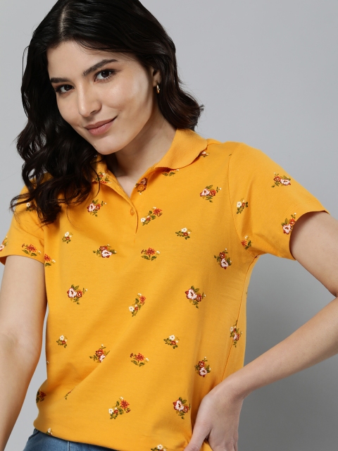 

Mast & Harbour Women Orange Floral Printed Pure Cotton Polo Collar T-shirt