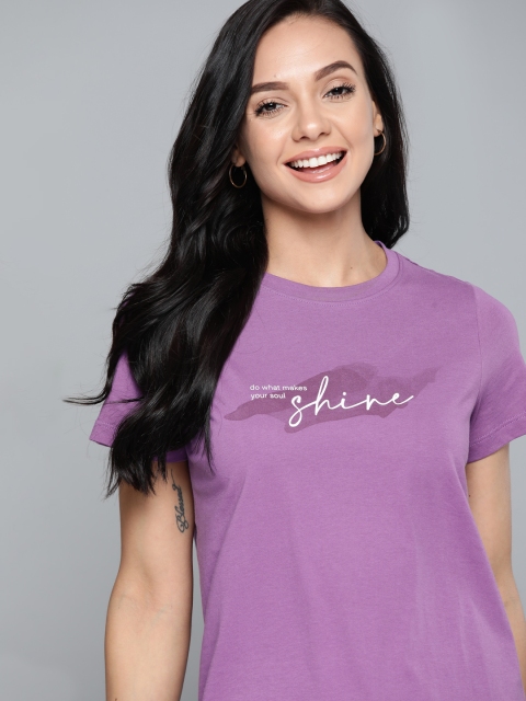 

Mast & Harbour Women Purple & White Pure Cotton Typography Printed T-shirt