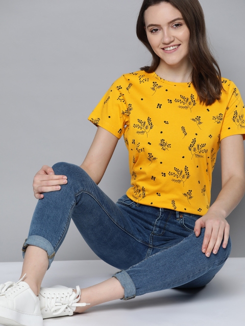 

Mast & Harbour Women Yellow & Navy Blue Pure Cotton Floral Print T-shirt
