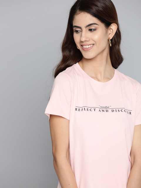 

Mast Harbour Women Pink Black Typography Printed Pure Cotton T-shirt