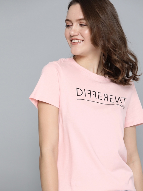 

Mast & Harbour Women Pink & Black Pure Cotton Typography Printed T-shirt