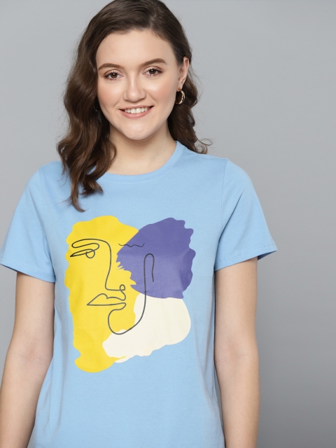 

Mast & Harbour Women Blue & Yellow Printed Pure Cotton T-shirt