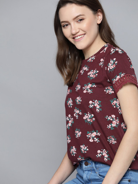 

Mast & Harbour Women Burgundy & Pink Floral Printed T-shirt