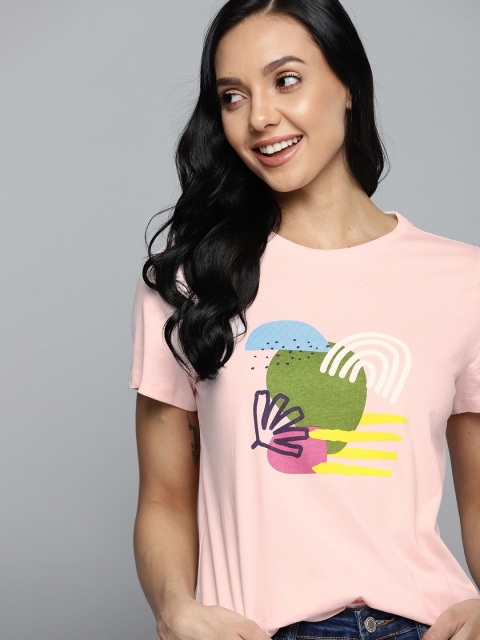 

Mast & Harbour Women Pure Cotton Pink & Green Printed T-shirt