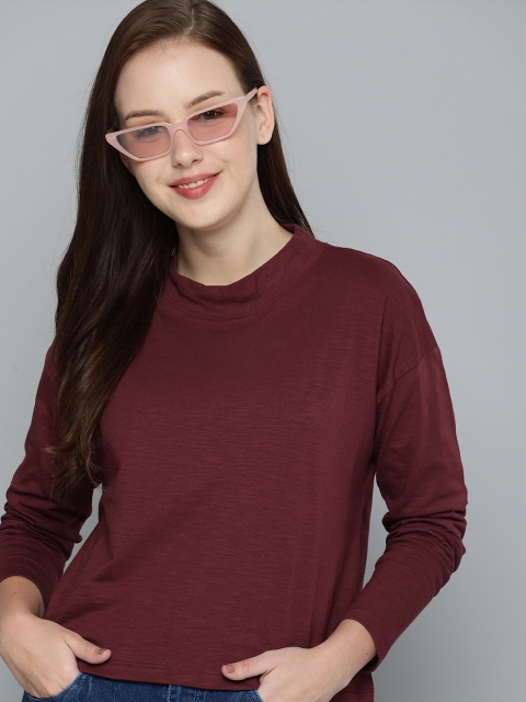 

Mast & Harbour Women Burgundy High Neck Drop-Shoulder Sleeves Pure Cotton T-shirt