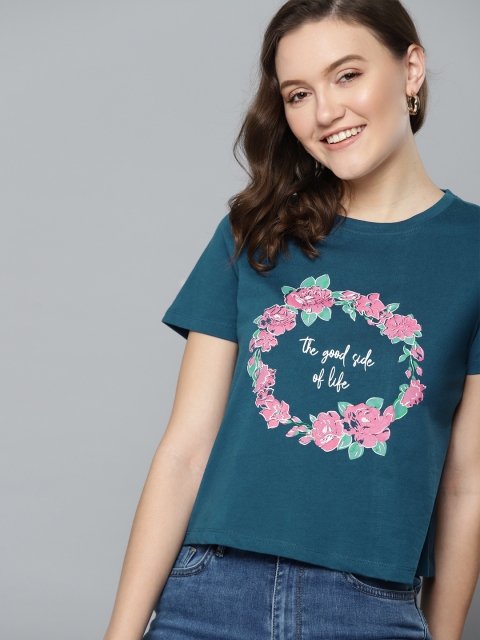 

Mast & Harbour Women Teal Blue & Pink Floral Print Pure Cotton T-shirt