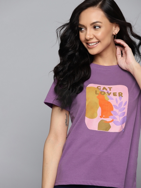 

Mast & Harbour Women Purple & Pink Pure Cotton Printed T-shirt