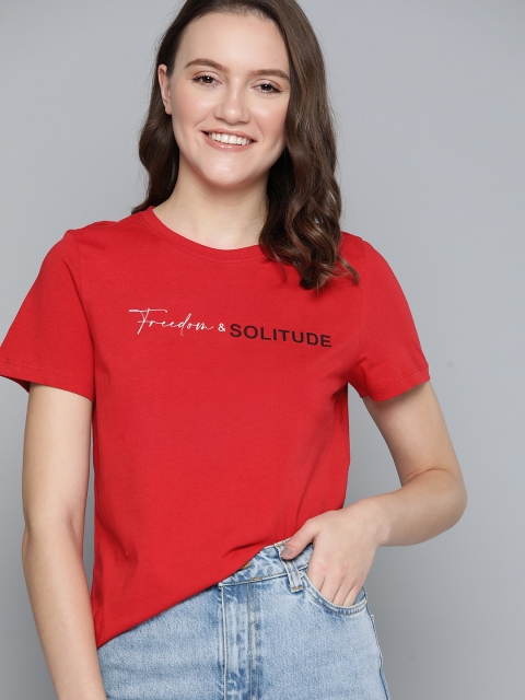 

Mast & Harbour Women Red & Black Pure Cotton Typography Printed T-shirt