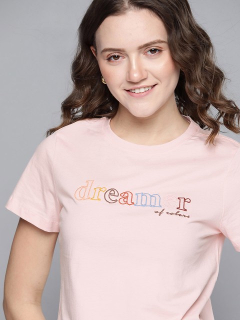 

Mast & Harbour Women Pink Pure Cotton Embroidered Detail T-shirt