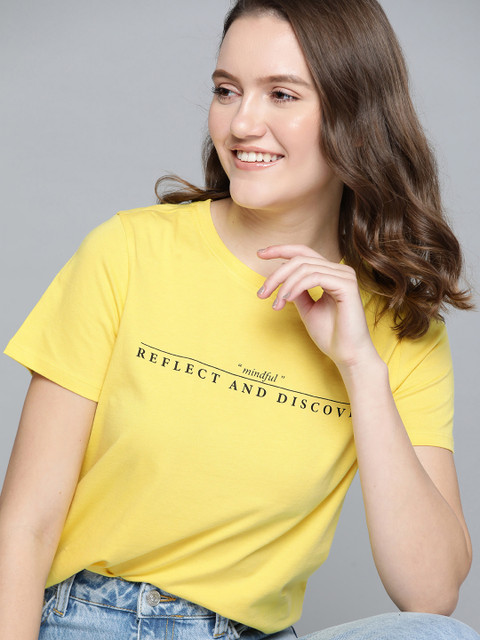 

Mast & Harbour Women Yellow & Black Typography Printed Cotton T-shirt