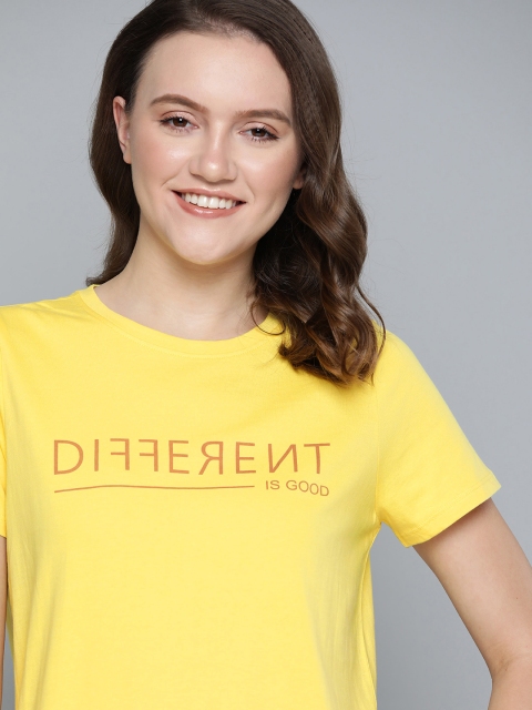 

Mast & Harbour Women Yellow & Brown Typography Printed Cotton T-shirt