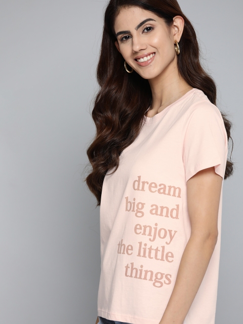 

Mast Harbour Women Pink Brown Typography Printed Pure Cotton T-shirt