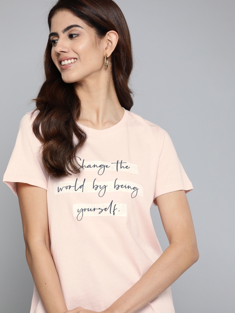 

Mast Harbour Women Pink White Typography Printed Pure Cotton T-shirt