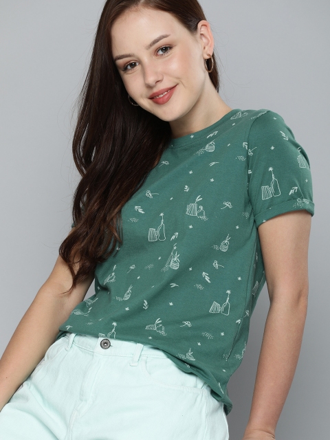 

Mast & Harbour Women Green & White Printed Pure Cotton T-shirt