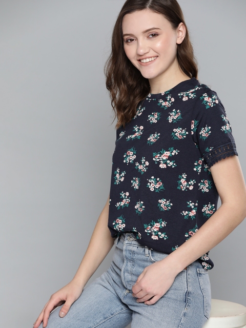 

Mast & Harbour Women Navy Blue & Green Floral Printed T-shirt