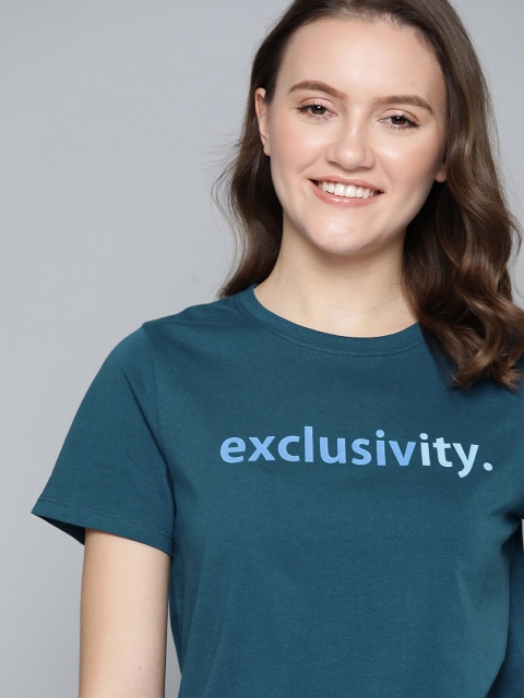 

Mast & Harbour Women Teal Green & Blue Typography Print Cotton T-shirt