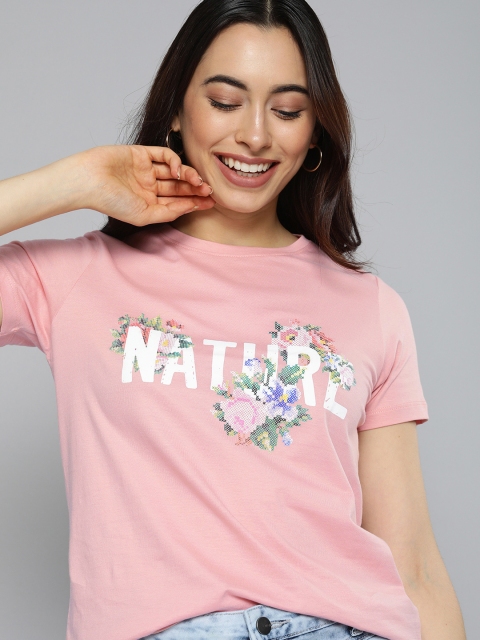 

Mast Harbour Women Pink Typography And Floral Printed Regular Fit Cotton Pure Cotton T-shirt