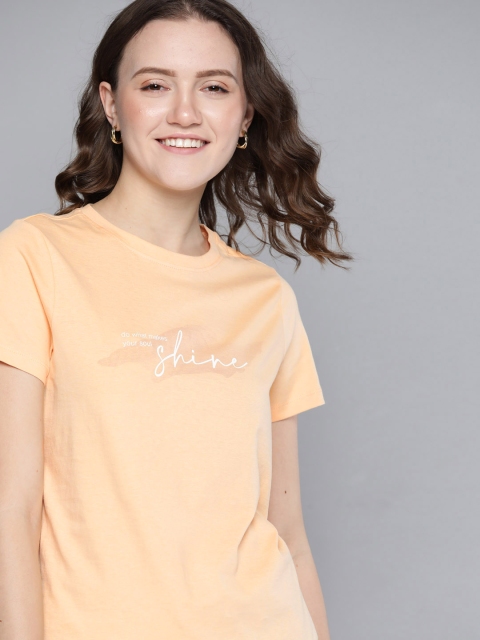 

Mast & Harbour Women Peach-Coloured Pure Cotton Embroidered Detail T-shirt