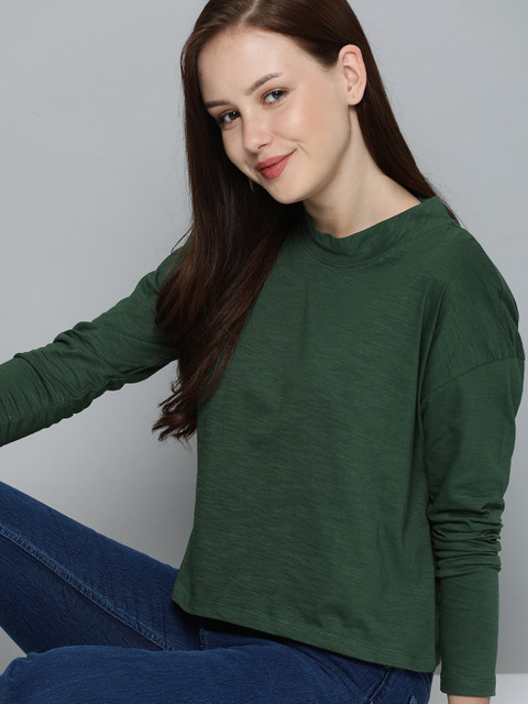 

Mast & Harbour Women Green High Neck Drop-Shoulder Sleeves Pure Cotton T-shirt