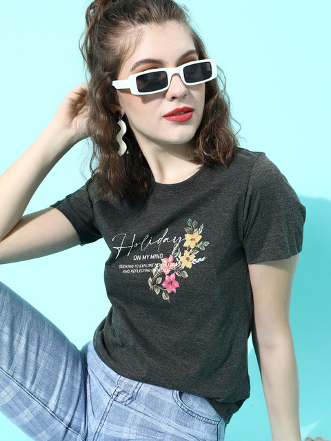 

Mast & Harbour Women Beautiful Charcoal Typography Flower Power Tshirt