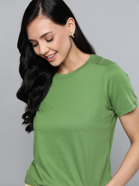 

Mast & Harbour Women Green Pure Cotton Smocking Detail T-shirt