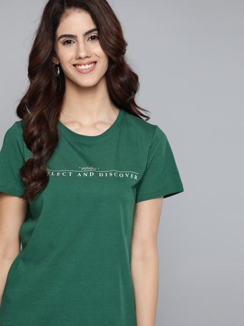 

Mast Harbour Women Green White Typography Printed Pure Cotton T-shirt