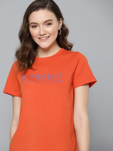 

Mast & Harbour Women Orange & Blue Typography Print Pure Cotton T-shirt