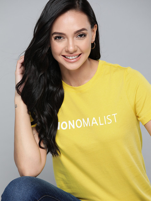 

Mast & Harbour Women Yellow & White Pure Cotton Typography Printed T-shirt