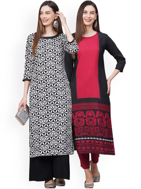 

KALINI Women Pack Of 2 Black & White Geometric Printed Crepe Kurtas