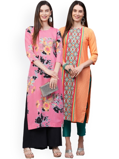 

KALINI Women Pack Of 2 Pink & Orange Floral Printed Crepe Kurtas