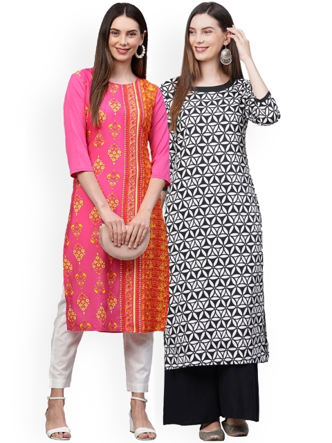 

KALINI Women Pack Of 2 Pink & Black Floral Printed Crepe Kurtas