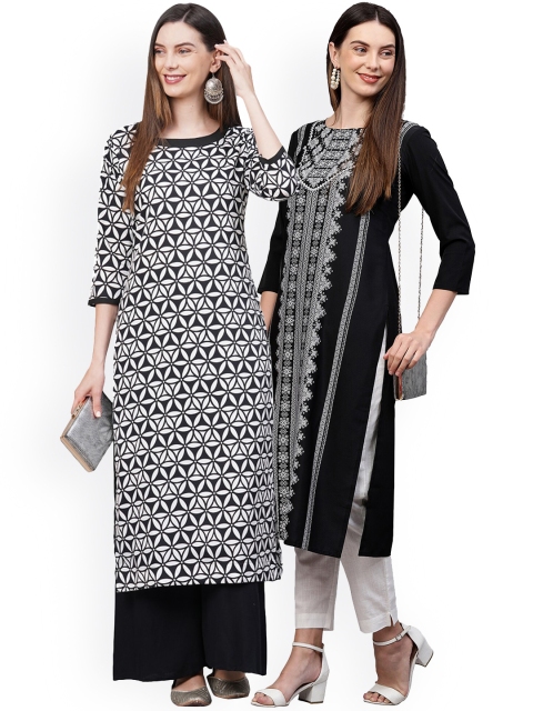 

KALINI Women Pack Of 2 Black & White Floral Printed Crepe Kurtas