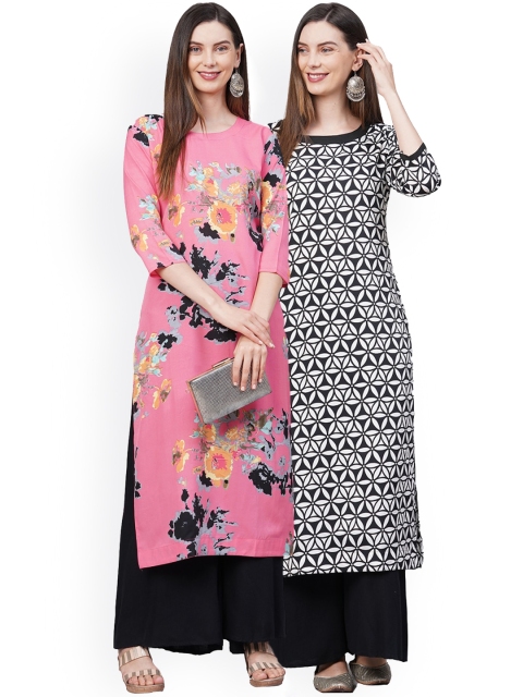 

KALINI Women Pack Of 2 Pink & Black Floral Printed Crepe Kurtas
