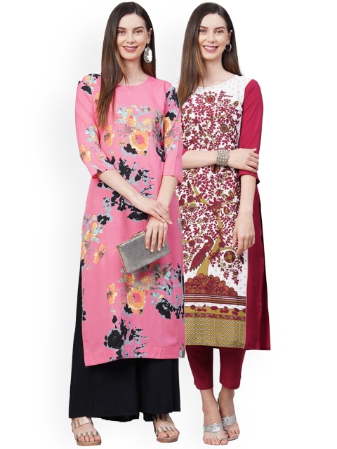 

KALINI Women Pack Of 2 Pink & White Floral Printed Crepe Kurtas