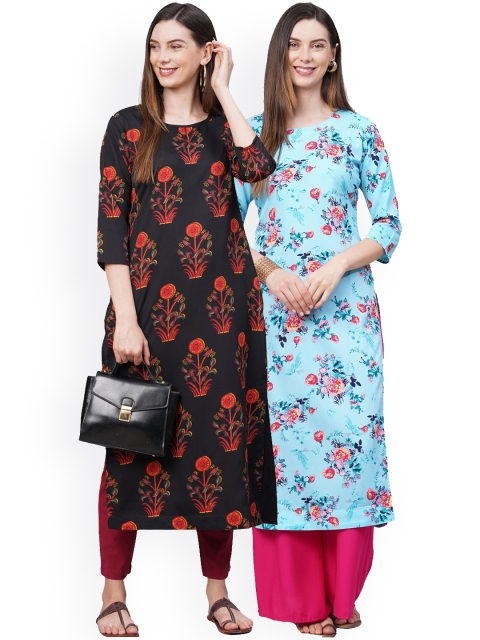 

KALINI Women Pack Of 2 Black & Blue Floral Printed Crepe Kurtas