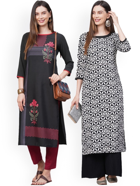 

KALINI Women Pack Of 2 Black & White Ethnic Motifs Printed Crepe Kurtas
