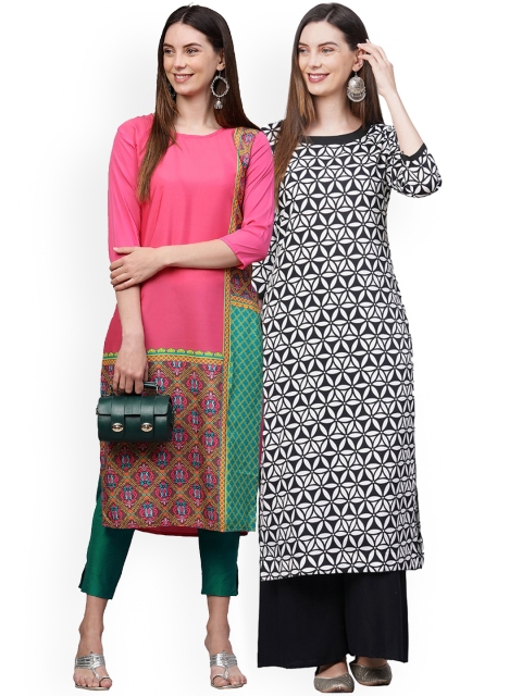 

KALINI Women Pack Of 2 Pink & Black Floral Printed Crepe Kurtas
